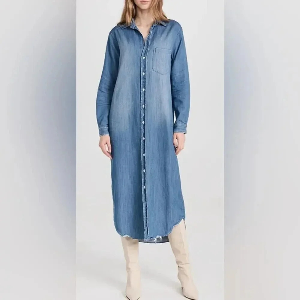 Frank & Eileen Rory Distressed Famous Denim Maxi Shirtdress Blue Medium